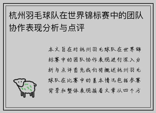 杭州羽毛球队在世界锦标赛中的团队协作表现分析与点评