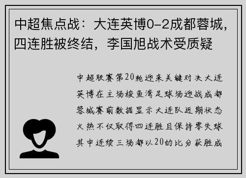 中超焦点战：大连英博0-2成都蓉城，四连胜被终结，李国旭战术受质疑