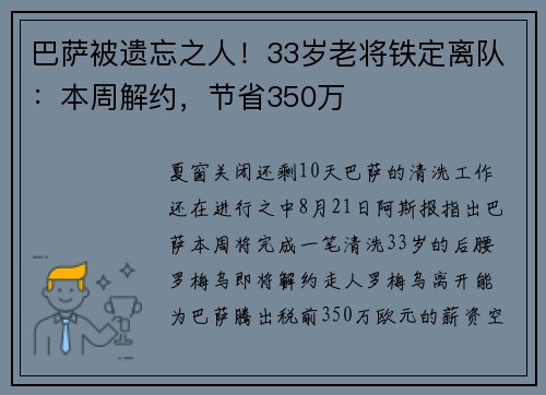 巴萨被遗忘之人！33岁老将铁定离队：本周解约，节省350万